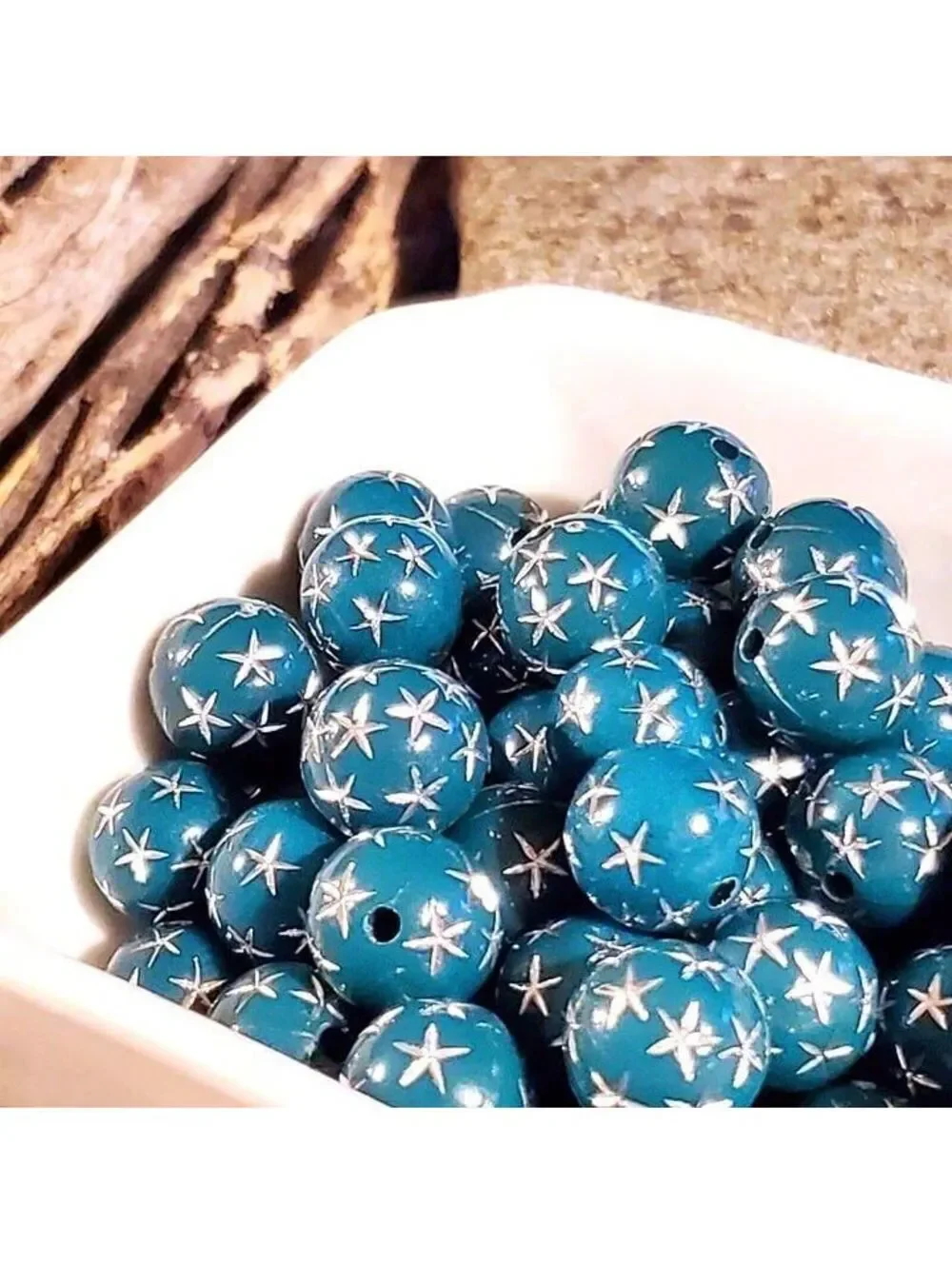 10 Vintage Retro Teal Green Silver Stars 12mm Round Acrylic Shabby Beads